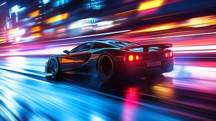 Canvas Print - A sports car drifting at night, with the city lights in the background