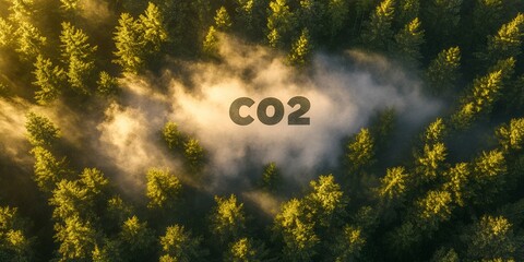 Poster - Aerial view of a forest with mist and the word CO2.