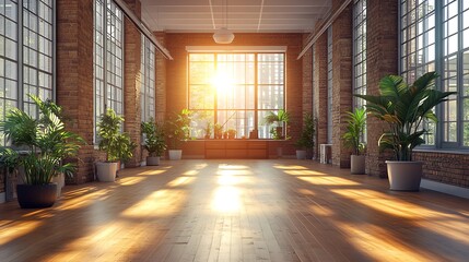 Poster - Spacious loft interior with large windows and warm sunlight streaming in.