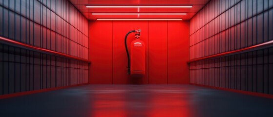 Fire extinguisher on the wall in a red modern industrial space.