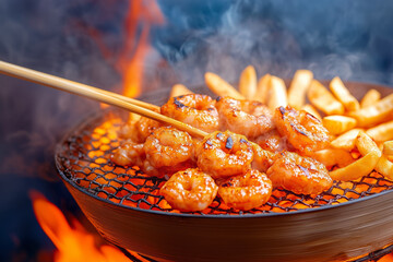 grilled shrimp accompanied by crispy fries cooked over an open flame at a summer barbecue gathering