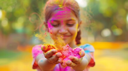 A girl holding a handful of colorful Holi powder, with the background reflecting the joyful spirit of the Holi festival