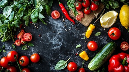 Fresh tomatoes, basil, and vegetables on a rustic kitchen surface