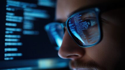 Close-up of developer's eye reflecting computer code