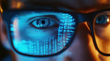 Close-up of coder's eye with code reflection
