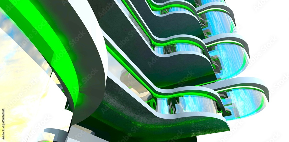 Trendy design of cantilevered balconies on the glass facade of luxury ...