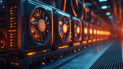 A row of GPU mining rigs with cables and fans in a modern mining farm, conveying the industrial scale and infrastructure of cryptocurrency mining.