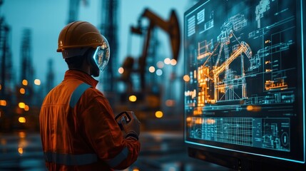 An engineer using a digital holographic display to monitor pumpjack operations in real-time, capturing the intersection of engineering and technology in oil extraction.