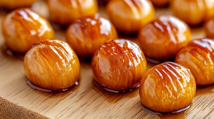 Wall Mural - Close-up of honey-dipped roasted chestnuts with shiny caramelized surfaces on rustic wooden background autumn treat, super macro shot 