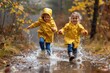 © Mutimul - Two children are playing in the rain, one of them is wearing a yellow jacket, generative ai