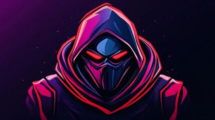 Poster - Mysterious hooded figure with glowing red eyes, dark and vibrant neon color palette