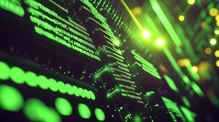 Green digital code displayed on a dark background with glowing lights.