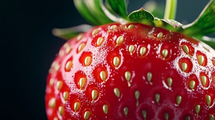 Wall Mural - Extreme close-up of a ripe strawberry showing seeds, glossy red skin, and tiny hairs photorealistic fruit, super macro shot 
