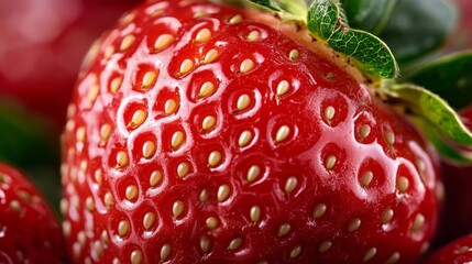 Wall Mural - Extreme close-up of a ripe strawberry showing seeds, glossy red skin, and tiny hairs photorealistic fruit, super macro shot 
