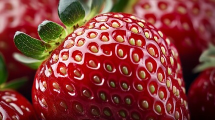 Wall Mural - Extreme close-up of a ripe strawberry showing seeds, glossy red skin, and tiny hairs photorealistic fruit, super macro shot 