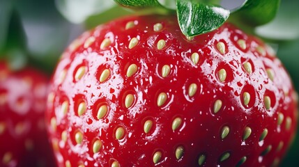 Wall Mural - Extreme close-up of a ripe strawberry showing seeds, glossy red skin, and tiny hairs photorealistic fruit, super macro shot 