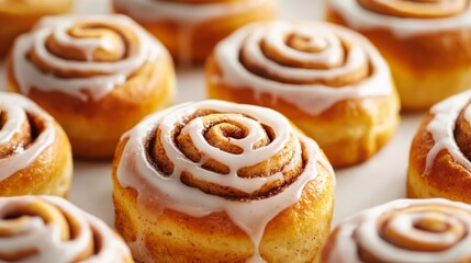 Wall Mural - Freshly baked cinnamon rolls dripping with glaze soft dough with golden edges cozy autumn treat, super macro shot 