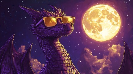 Canvas Print - Cool Dragon Wearing Sunglasses in Front of the Moon