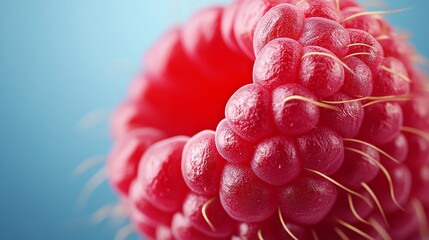 Wall Mural - Macro of a fresh raspberry with tiny hair-like structures and detailed ruby-red skin photorealistic berry, super macro shot 