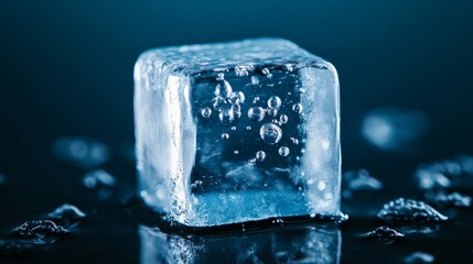 Wall Mural - Macro shot of melting ice cube with air bubbles trapped inside reflecting light in high detail, super macro shot 