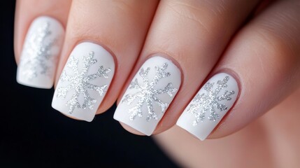 Wall Mural - Photorealistic close-up of white glittery snowflake design on winter-themed nail art featuring fine details, super macro shot 