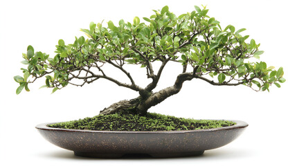 A potted bonsai tree, detailed branches, soft greens isolated on white background ready to bring joy to any space , cartoon drawing, water color style