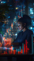 Leinwandbilder - Businesswoman works late into the night, analyzing stock market data on her laptop against a futuristic city skyline