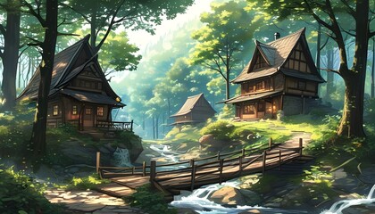 Whimsical forest village with a cozy hut, enchanting wooden bridges, and serene streams in vibrant anime fantasy art style