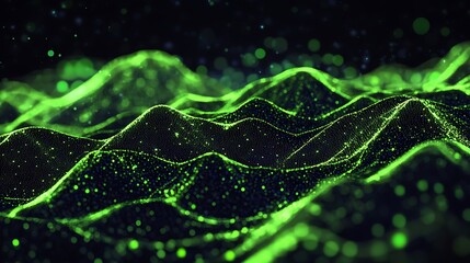 Abstract green digital landscape with glowing particles.