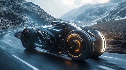 A futuristic black motorcycle with glowing wheels speeds around a winding mountain road.