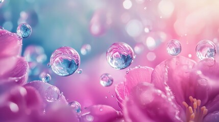 Colorful water droplets on delicate pink flowers