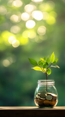 Poster - Small plant growing from coins in a jar on blurred green background symbolizing financial growth and business development