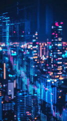 Poster - Defocused cityscape at night with a superimposed financial chart featuring glowing lines