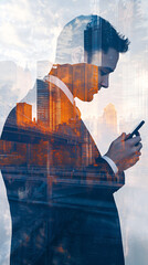 Aufkleber - Confident businessman holding smartphone with double exposure effect in cityscape, symbolizing modernity and success in business world
