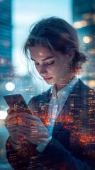 Aufkleber - Female professional is using her cellphone by a window reflecting the city lights at night