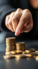 Poster - Businesswoman is pointing at a stack of gold coins symbolizing savings, wealth, and financial success