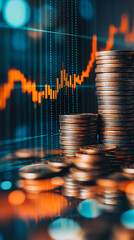 Poster - Coins piling up as a stock market graph trends upwards in the background