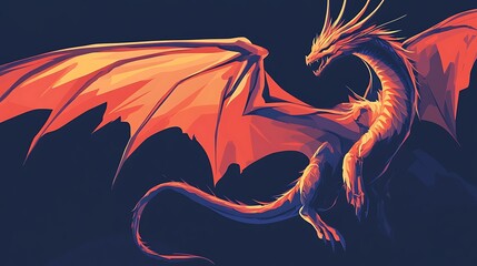 Canvas Print - Fiery orange dragon with wings spread wide against dark background. Fantasy, mythical creature artwork.