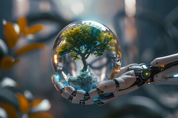 Wall Mural - Earth crystal glass globe ball and tree in robot hand saving the environment, save a clean planet, ecology concept. technology science of environment concept for the development of sustainability.