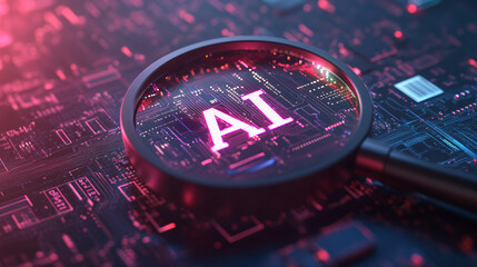 Fototapete - Examining and developing artificial intelligence: a magnifying glass focuses on a glowing ai chip integrated into a complex circuit board