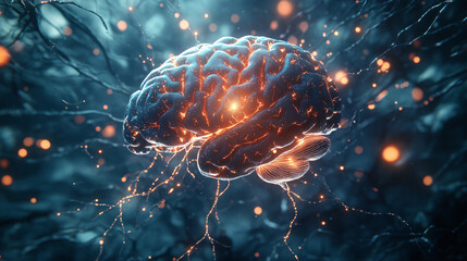 Poster - 3d illustration of a human brain with glowing neurons firing, symbolizing complex thought processes and cognitive function