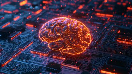 Leinwandbilder - Glowing brain made of circuits is sitting on a motherboard, symbolizing the power of ai