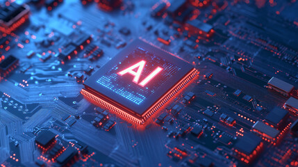 Leinwandbilder - The motherboard's central processing unit with ai circuitry is emitting red and blue light