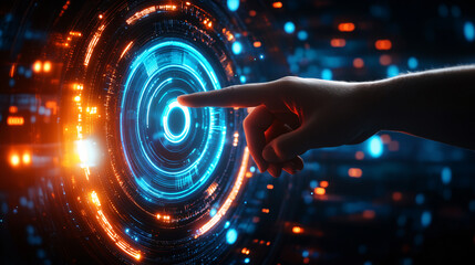 Aufkleber - Businessman activates a digital button on a futuristic interface, symbolizing technology and innovation
