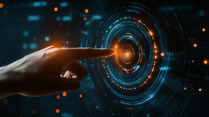 Poster - Businessman gestures toward a futuristic digital technology interface graphic