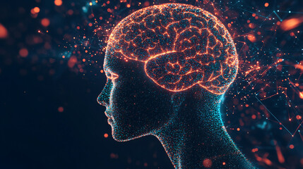 Leinwandbilder - Profile of a human head forming from glowing particles with brain connections