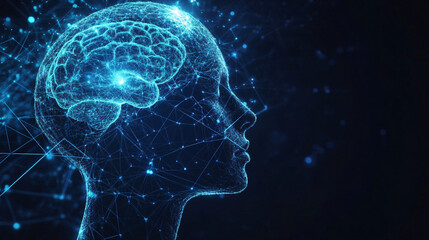 Leinwandbilder - Wireframe of human head forming with glowing brain inside symbolizing artificial intelligence and machine learning process