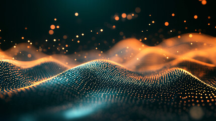 Poster - Futuristic design with vibrant orange waves and glowing particles on dark surface, symbolizing modern communication and innovation