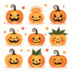 A variety of cute, cartoon-style Halloween pumpkins with different expressions and decorations on a white background.