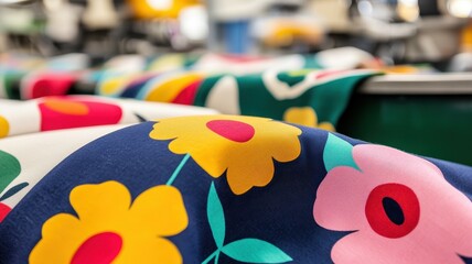 Colorful floral fabric patterns displayed in a textile workshop.